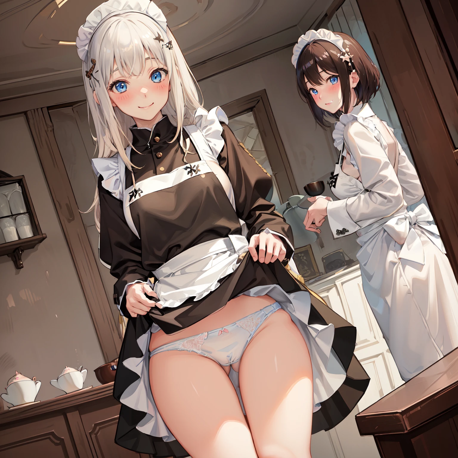 highest quality、masterpiece、((2 women))、((smile:1.3))、(blush:1.3)、Black Shirt、blouse、((fun!!))、(Small breasts)、()、Blonde、(Long sleeve)、((White apron:1.5))、((Maid))、((hair ornaments)),、Kamimei、look at me、 ((in house:1.5))、 Taking a break from watching the audience、Cowboy Shot、(Skirt lift:1.3),(Highly detailed white panties:1.3)、(Highly detailed panties:1.3)、、(スカート that rolls up:1.3)、(Panties fully exposed:1.5)、Light blue eyes、long hair、Glowing Eyes