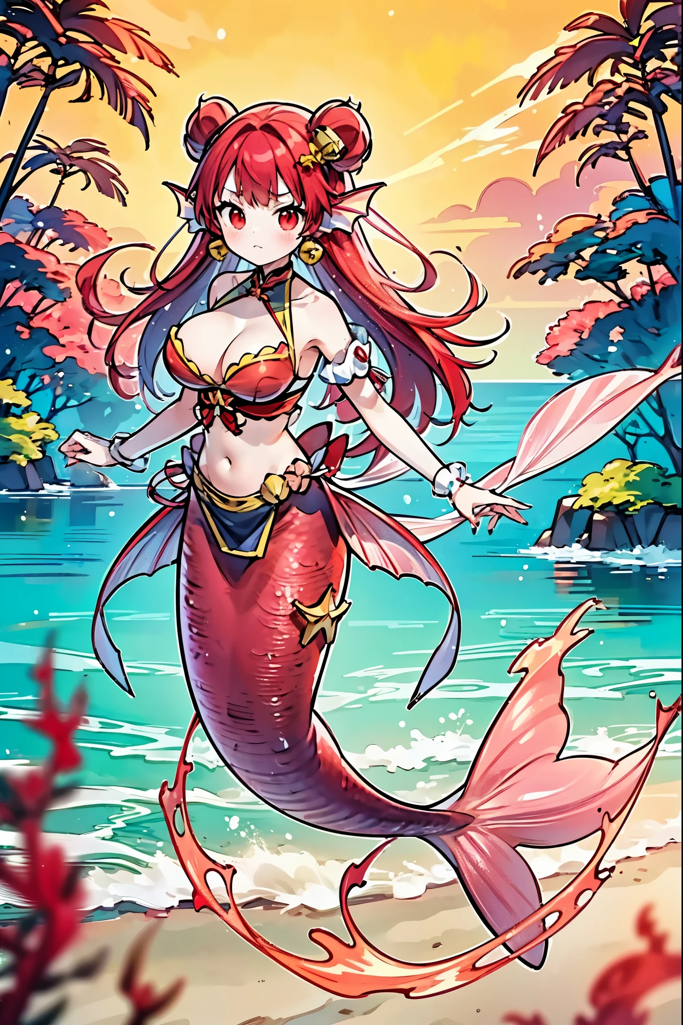 masterpiece, best quality,(Full fingers),A woman,Large Breasts,Mermaid,Red Eyes,Red hair,Bell,Double tail,红色的Mermaid尾巴,head fins,full-body shot,beach,坐在beach上,charming脸(Kawaii, charming,Soft)