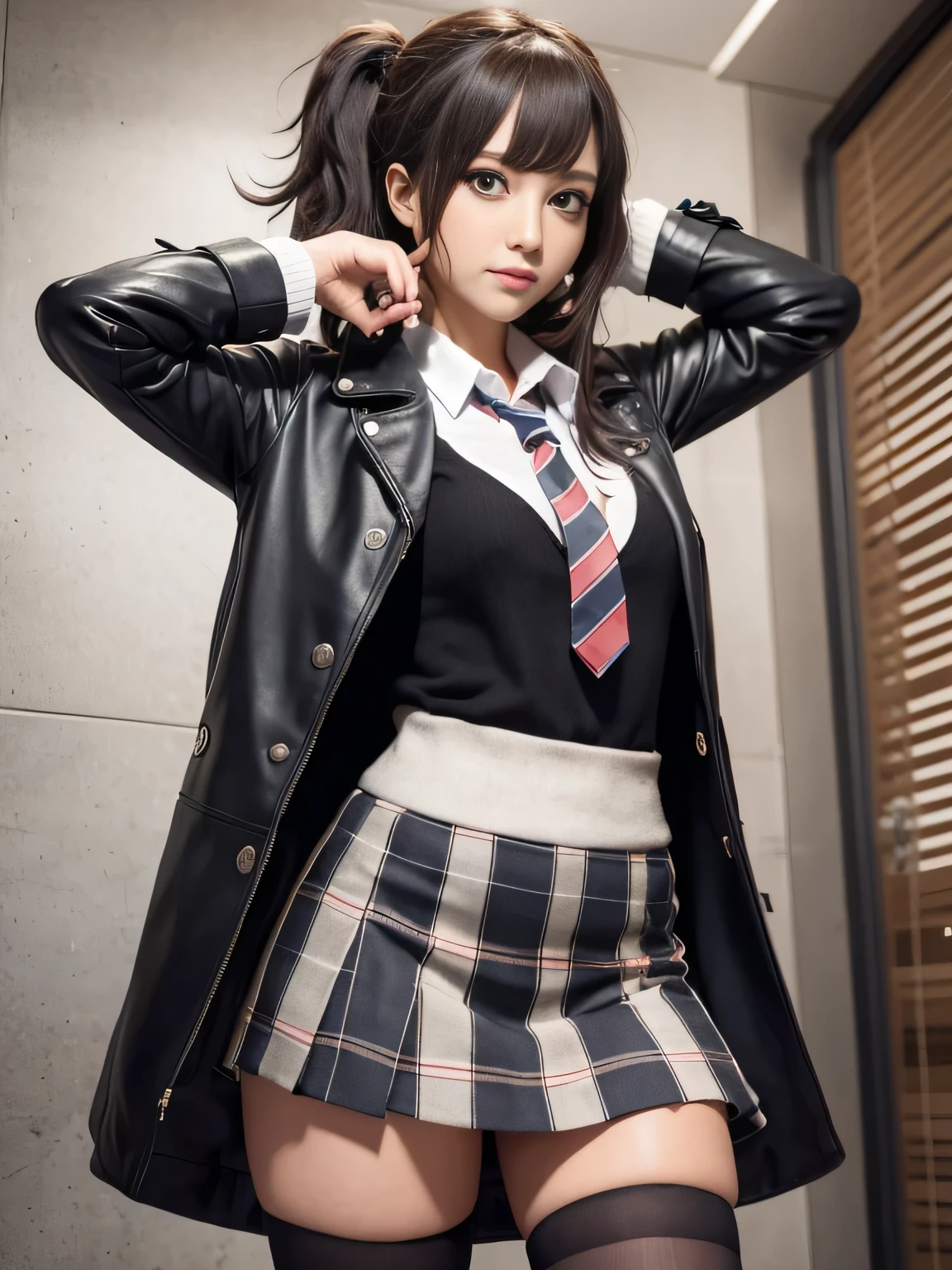 （masterpiece）， （Highly detailed CG Unity 8k wallpaper）， （Very sophisticated and beautiful）， （One girl：1.3）， solo， （Perfect front view：1.3）， （（Super detailed））， illustrinio， Hair between the eyes， afloin， Finely delineated， （Upper body）， （Looking_in_Audience：1.2）， （Danganronpa（style））， （Danganronpa （style）：1.4），（（Brown Check Cape））， （（Detective trench coin））， Brown striped short skirt， （Closed jacket）， Detective Hin（black_Knee socks））， （with short black hair：1.5）， （Brown-eyed：1.2）， （hair band），（Hair Straightening：1.4），（A light smile：1.5），（Court），Standing on one&#39;s own feet，（Simple Background：1.4），Standing CG，Game CG，Perfect hands，Put your arms behind your back，Handheld magnifying glass，Danganronpa
