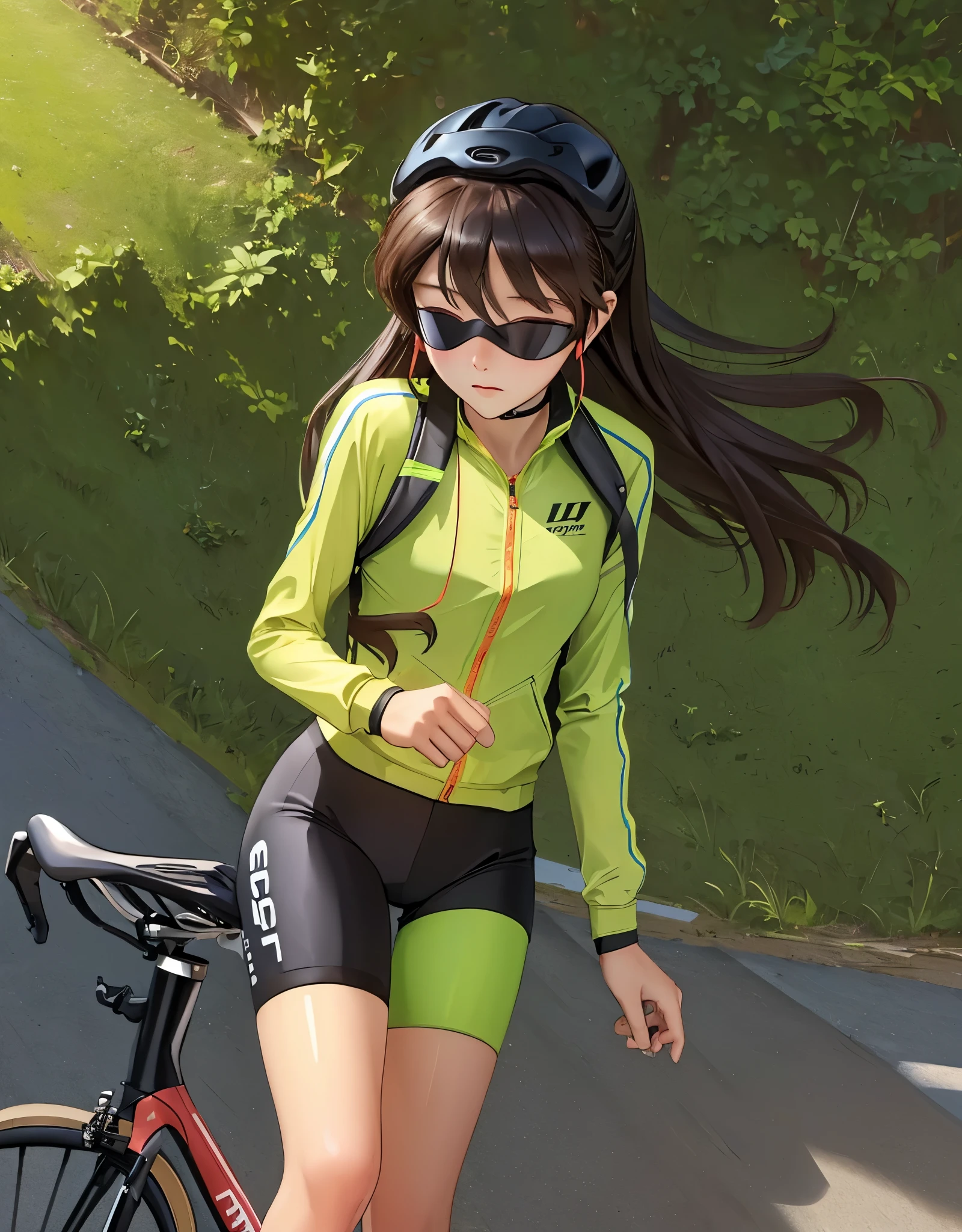 (((masterpiece))), (((best quality))), (((Ride a road bike))), downhill, steep slope, eye mask, earphone, Cycling shorts, wind, Speed line effect, alone, 1 girl, ribbon, long hair, Split, big , Shy. blush,