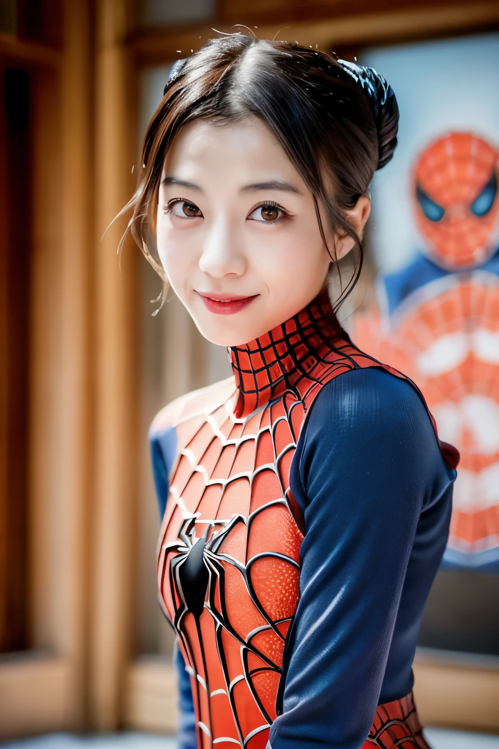 Masterpiece, high quality, high resolution, 8K, ((Skinny Japanese 30s woman in a costume of the movie spider-man)), cute face, natural makeup, detailed face, detailed eyes, a photo that feels endearing, (Full-body photo)