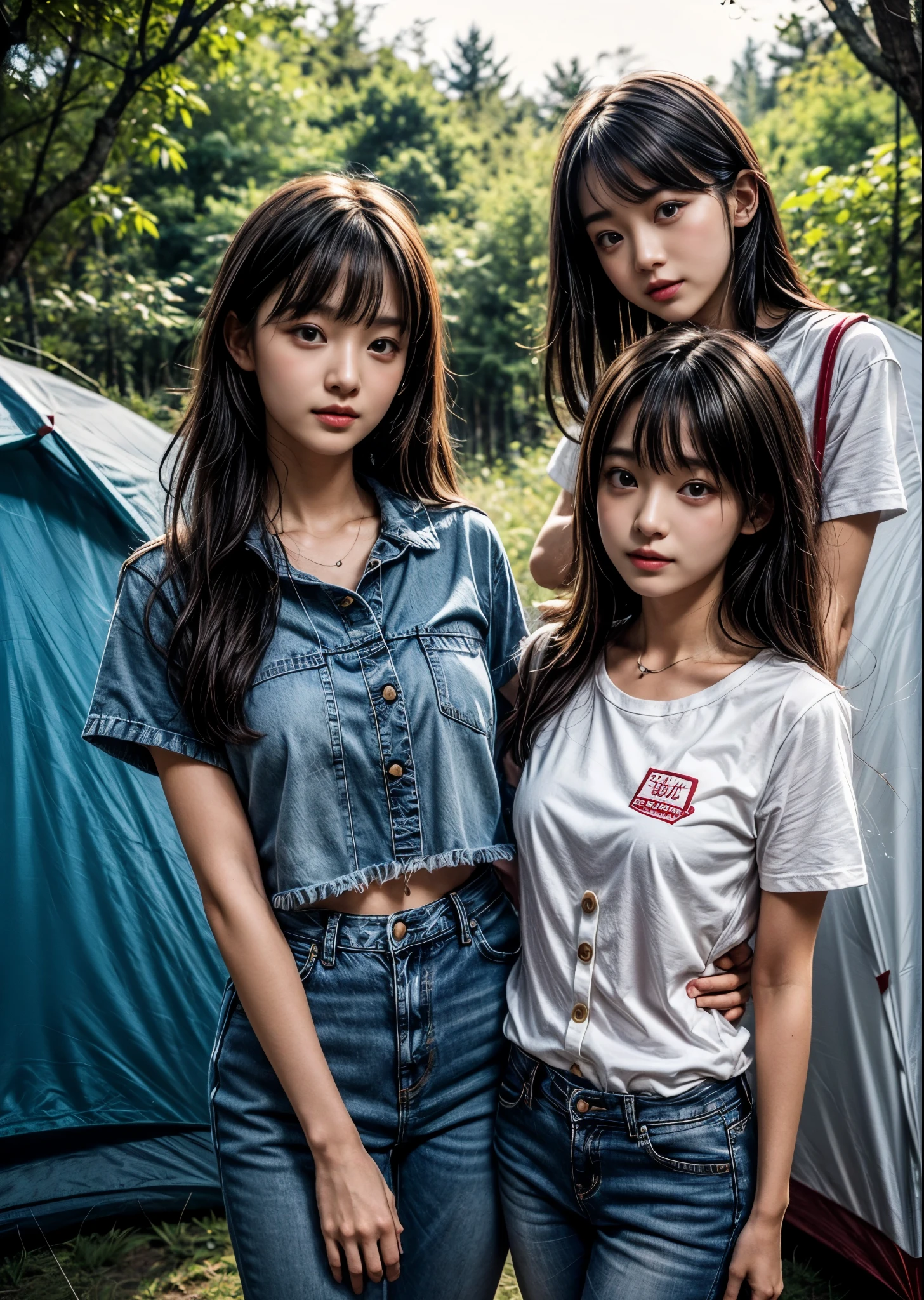 Couple of girls camping、Cute 20 year old、Slim body、He is wearing jeans and a short-sleeved button-up shirt、Long hair with bangs、Camping style、She can see inside the makeshift tent.、in the forest、Starry Night、Sharp images、High color reproducibility、Attention to detail、live-action、Alluring、