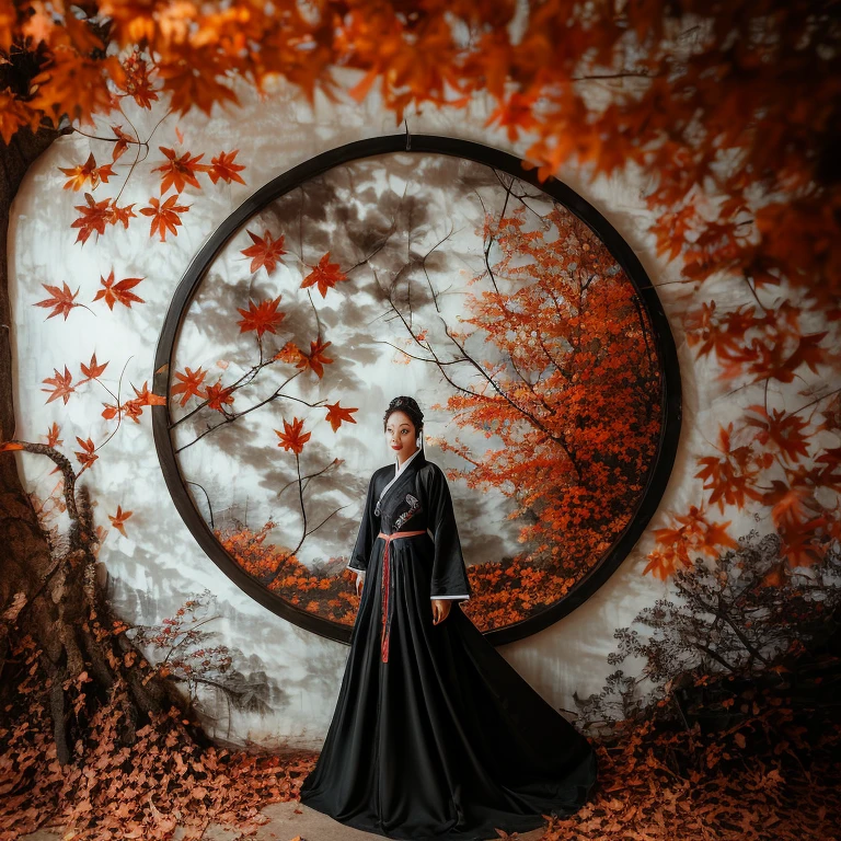 qiu,1girl,black hanfu,embroidery craft,circular mural,simple_background,symmetrical composition,front,look at the camera,autumn theme,tree,maple_leaf,new chinese style,Cinematic Lighting,maple leaves fall to the ground,front light,, cinematic,a sense of scale and narrative,ethereal scenes,peaceful solitude,stunning contrasts and shadow,introspection,8k,Photography,super detailed,hyper realistic,masterpiece,Depth of field,Bright color,Super lightsensation,Caustic,