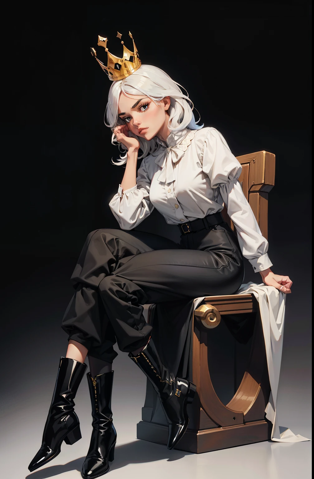  girl, Soft or colorful lips, simple black background, Minimalism, monotone, bright color palettes, pants, classic boots, standing, perfect hands, perfect ???????, British country style, sitting on a throne, has a floating crown
