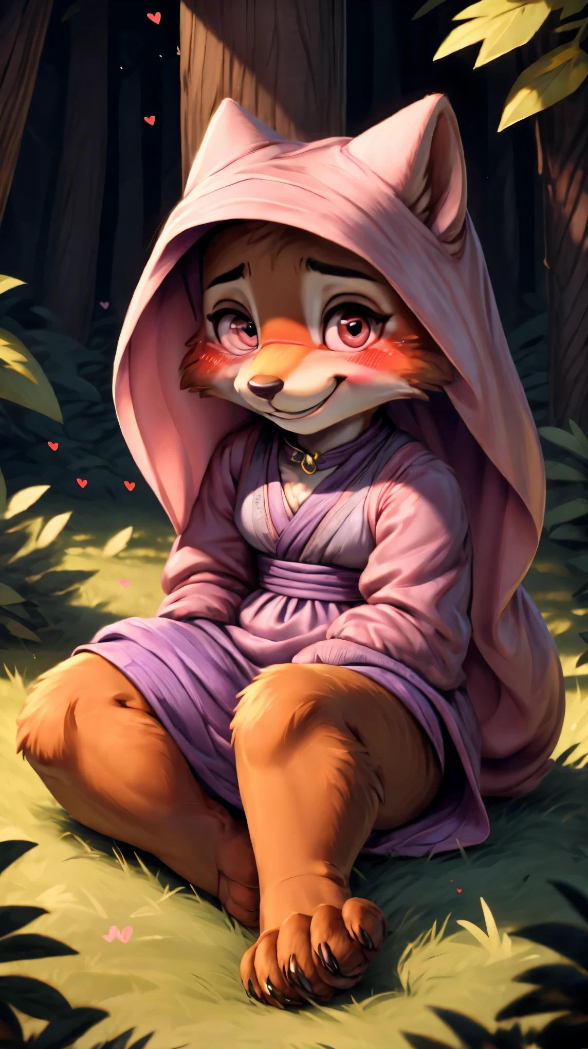 ((((chibi body)))),((((feet visible:1.5)))),(((smile:1.5))),(heart shaped pupils:1.5),(((Very detailed eyes:1.5))),Ultra HD,Ultra HD,(((blush:1.8))),maidmarian,((Beautiful Forest)),furry body,(((sitting))),((Lending a helping hand))