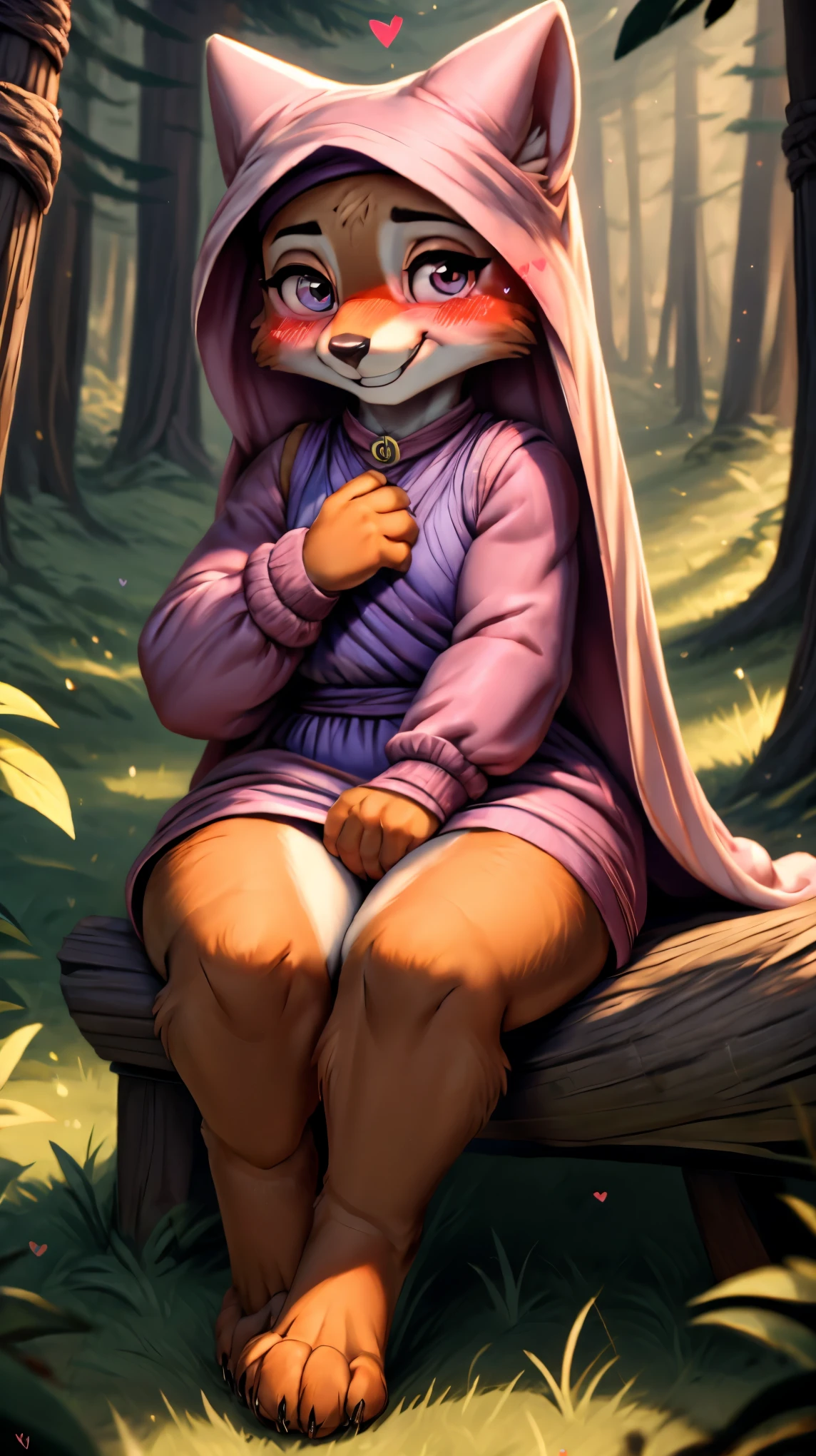 ((((chibi body)))),((((feet visible:1.5)))),(((smile:1.5))),(heart shaped pupils:1.5),(((Very detailed eyes:1.5))),Ultra HD,Ultra HD,(((blush:1.8))),maidmarian,((Beautiful Forest)),furry body,(((sitting))),((Lending a helping hand))