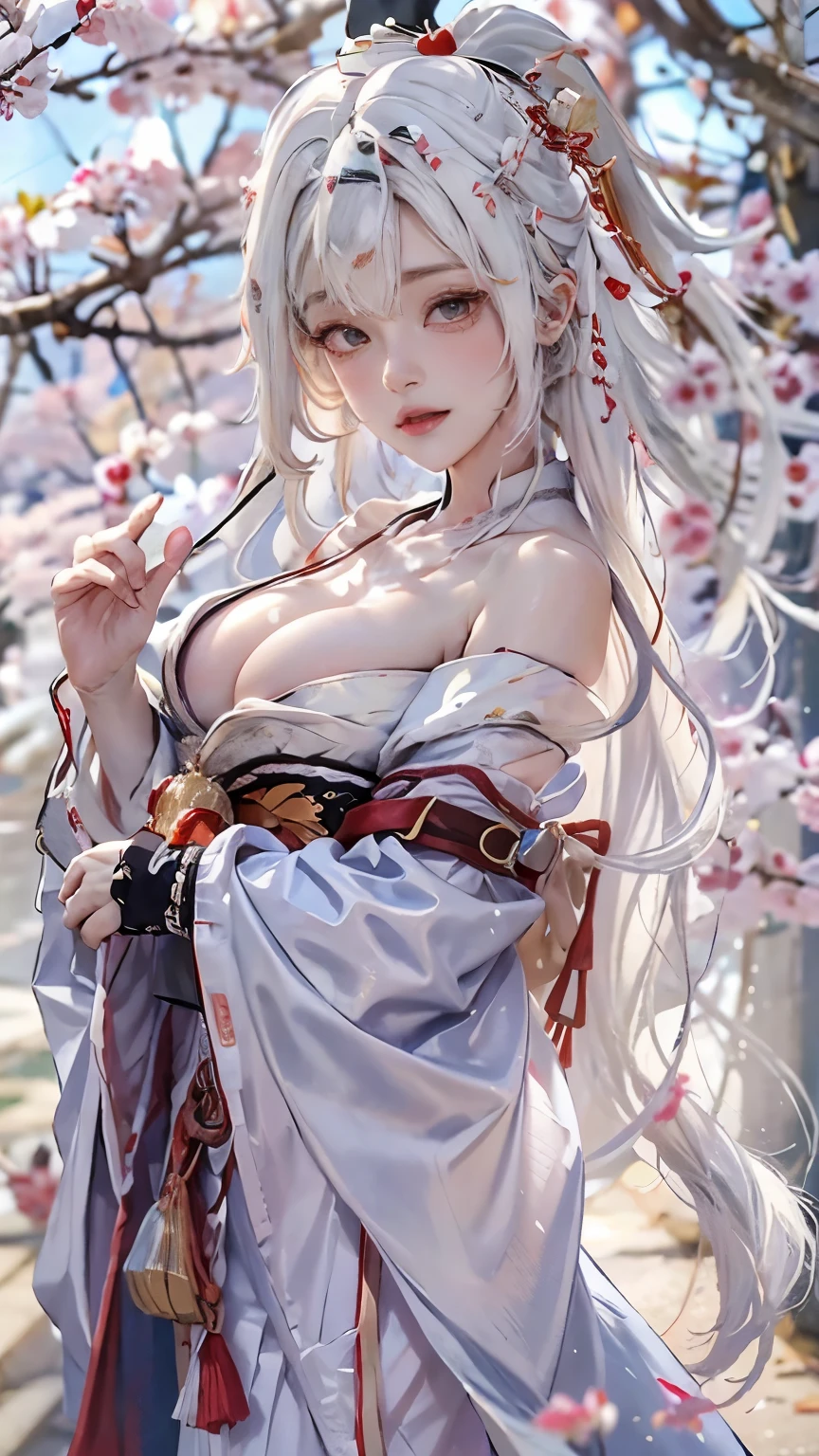 ((Styled white hair:1.5))(A shrine maiden dressed in beautiful shrine maiden clothes:1.3), Symmetric, (highest quality, Realistic:1.4, RAW Photos:1.2, Cinematic Light, Highly detailed illustration), (1woman:1.3, alone), (Asian 25 year old girl, Very delicate face, Super beautiful face, Very delicate eyes, Highly detailed nose, Very sophisticated mouth, Highly detailed facial features, 輝くskin、Exposing shoulders), woman, (large breasts), skin, Lip gloss, Laughter, Full Body View, High resolution, High resolution, 8k, Masterpiece 2:1,（ Shrines in Kyoto、cherry tree,Scattering cherry blossoms）cleavage cutout,ruanyi0007
