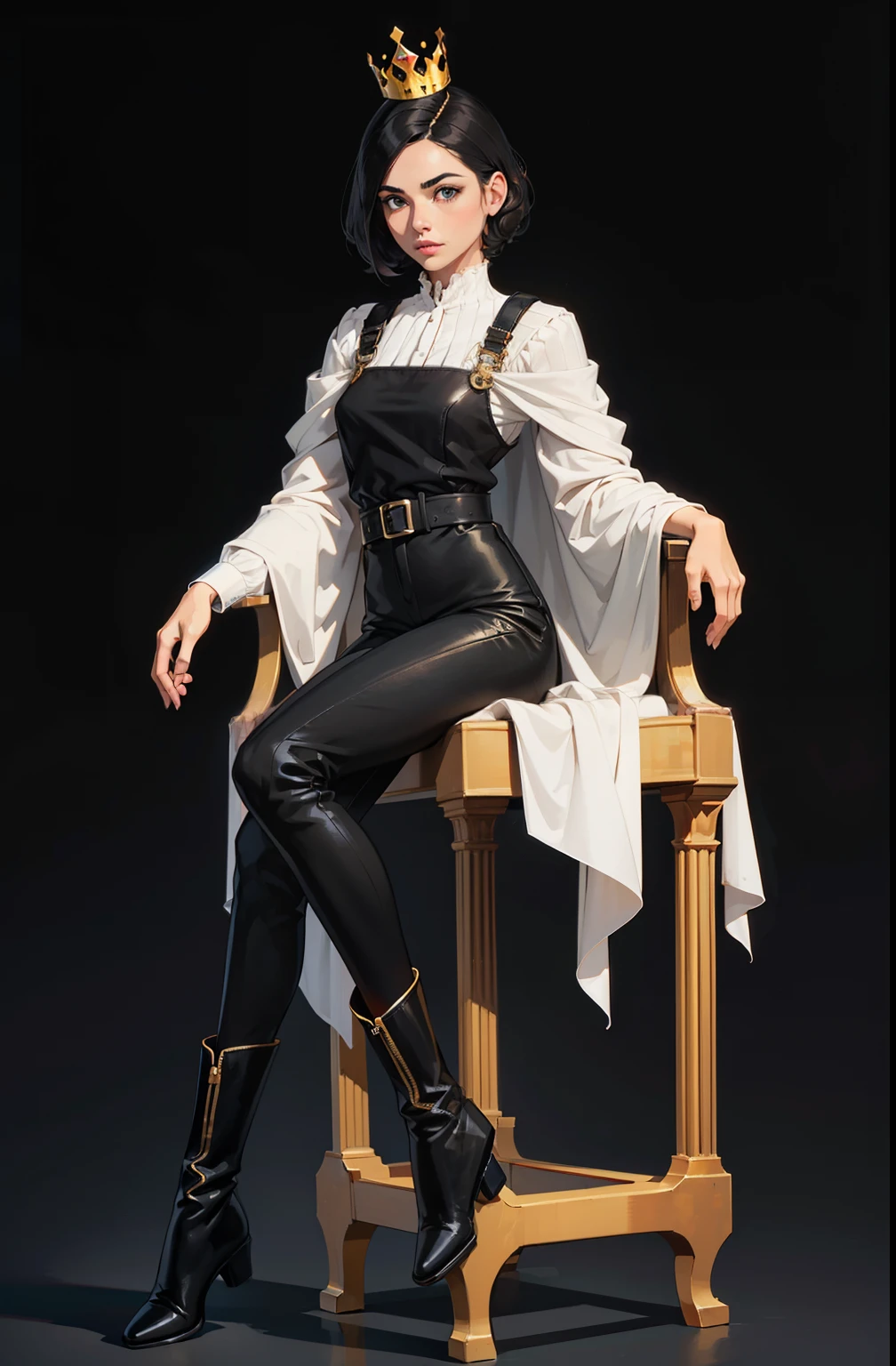 girl, Soft or colorful lips, simple black background, Minimalism, monotone, bright color palettes, pants, classic boots, standing, perfect hands, perfect anatomy, British country style, sitting on a throne, has a floating crown