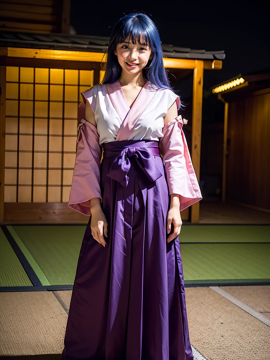 (1 lady), (Best quality at best:1.4), (ultra - detailed), (extremely detailed CG unified 16k), A Beautiful Girl: 1.4, Sharp Focus: 1.2, very detailed, High-definition RAW color photo, professional photoshooting, amazing face and eyes, (amazingly beautiful girl), ((furude rika, girl)), ((japanese clothes, hakama, hakama skirt, detached sleeves, miko, skirt, red hakama)), standing, (japanese traditional village background), (look from down), realistic cinematic face, head to feet long wide zoomed out view, full body long view, photorealistic, ((realistic natural violet blue hair style, bangs, long hair, purple eyes, blush)), extremely beautiful face, perfect beauty, Highly Detailed Face and Skin Texture, Detailed Eyes, Double Eyelids, Small Breasts, cleavages, western, (masterpiece), best quality, high resolution, extremely detailed, depth of field, cinematic lighting, high heels, clear and well-cared skin,