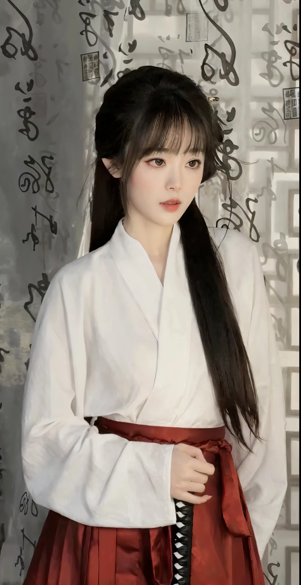Arafad woman in white shirt and red skirt holding sword, white Hanfu, White Ji haircut, Long flowing hair and robes, flowing white robe, Hanfu, Wearing a simple robe, Ji Qie, Wearing Chinese clothing, wearing chinese clothes, palace , a girl in Hanfu, black hime cut hair, flowing white robe