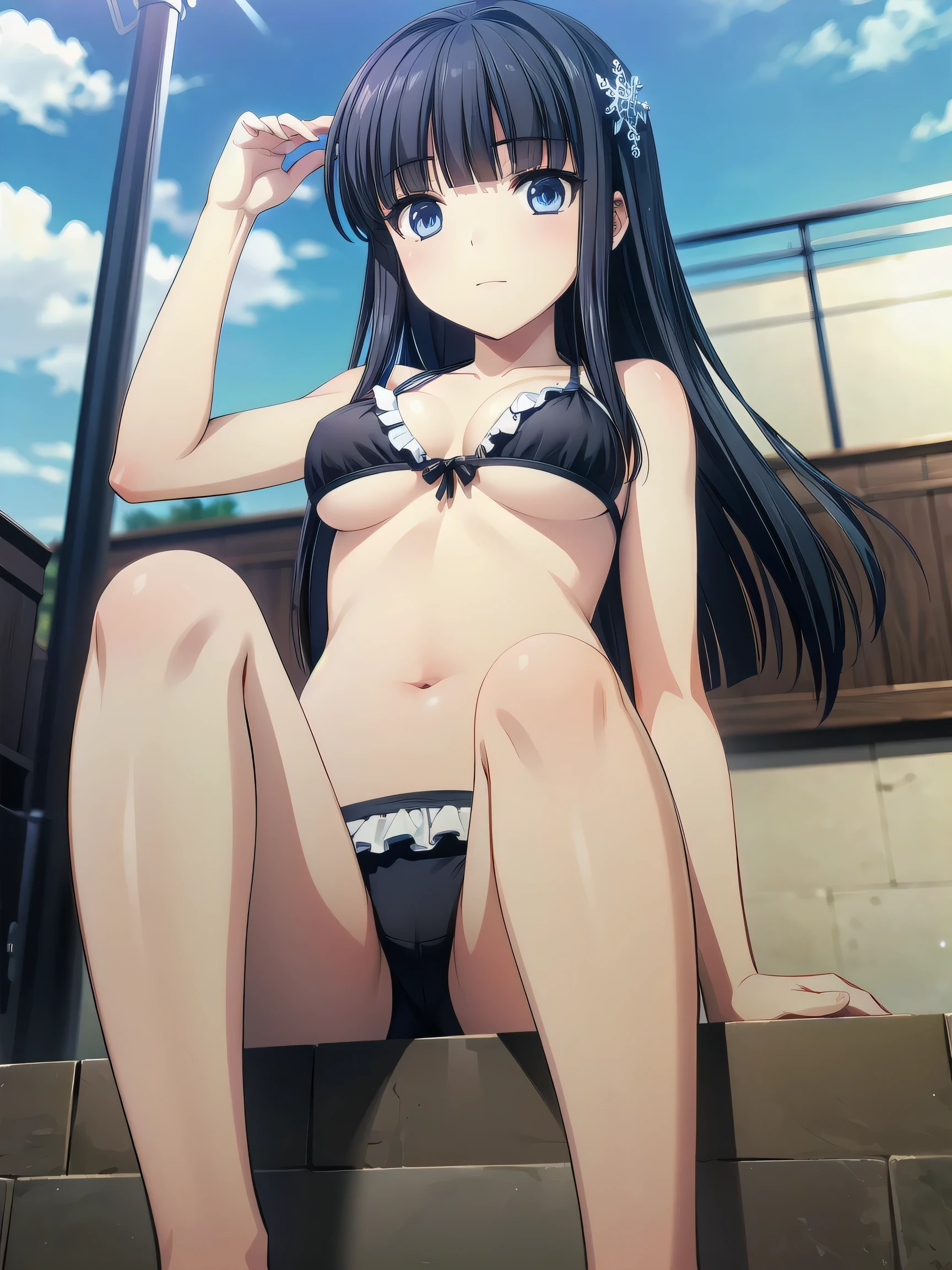 (Realistic, photo Realistic:1.2), ((highest quality)), Shift the center of gravity backwards, Quite embarrassing, siboshenxie, 1girl, black hair, long hair, solo, blunt bangs, snowflake hair ornament, yellow x hair ornament, black eyes, blue eyes, (bikini, White frill), Beautiful facial details, Real human skin, Gentle expression, Front view, angle From below, Realistic, photo Realistic, whole body, sitting on ground, knees raised, pool, (wind:1.2)