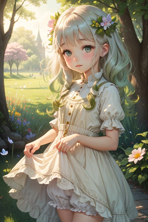 a girl with bloomer, vintage style, beautiful detailed eyes, curly hair, pastel colors, soft lighting, 19th century painterly, delicate and dreamy, outdoor garden scene, flowers in bloom, a gentle breeze, sunlit meadow, nostalgic and romantic, fine brushwork, intricate details, high resolution, masterful craftsmanship, ethereal atmosphere, peaceful and serene, timeless beauty, classic elegance, natural and organic, feminine charm, vintage dress, golden afternoon light, soft and muted tones, dappled shadows, whimsical and enchanting, delicate petals, carefree and innocent, tranquil and idyllic, magical and surreal, evokes a sense of nostalgia and wonder, evocative and wistful, captures the essence of youth and beauty, a moment frozen in time, immerse in a world of beauty and tranquility.