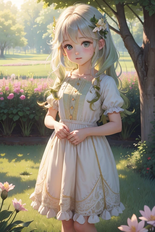 a girl with bloomer, vintage style, beautiful detailed eyes, curly hair, pastel colors, soft lighting, 19th century painterly, delicate and dreamy, outdoor garden scene, flowers in bloom, a gentle breeze, sunlit meadow, nostalgic and romantic, fine brushwork, intricate details, high resolution, masterful craftsmanship, ethereal atmosphere, peaceful and serene, timeless beauty, classic elegance, natural and organic, feminine charm, vintage dress, golden afternoon light, soft and muted tones, dappled shadows, whimsical and enchanting, delicate petals, carefree and innocent, tranquil and idyllic, magical and surreal, evokes a sense of nostalgia and wonder, evocative and wistful, captures the essence of youth and beauty, a moment frozen in time, immerse in a world of beauty and tranquility.