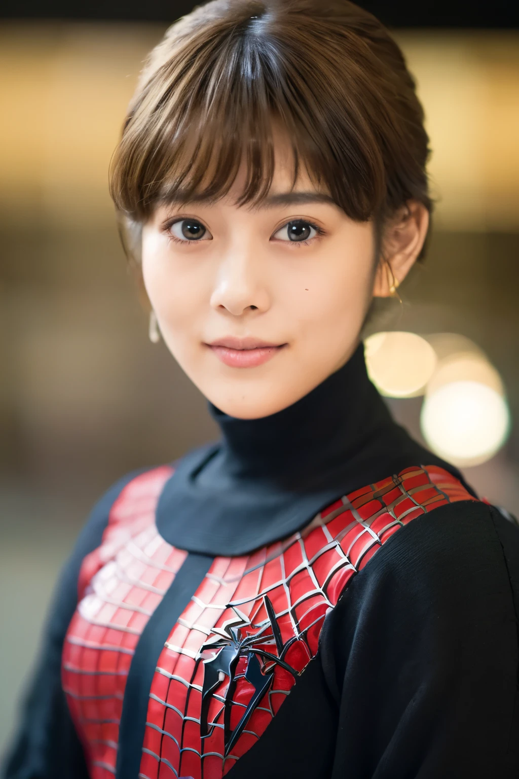 Masterpiece, high quality, high resolution, 8K, ((Skinny Japanese 30s woman in a costume of the movie spider-man)), cute face, natural makeup, detailed face, detailed eyes, a photo that feels endearing, (Full-body photo)