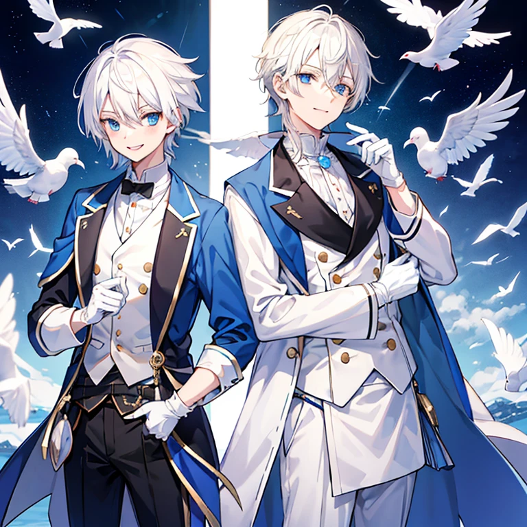 magician　magicianの服装　One Boy　White Hair　magicianの服装は白と青　White dove on shoulder　Look here and smile　The gloves are white　Blue eyes