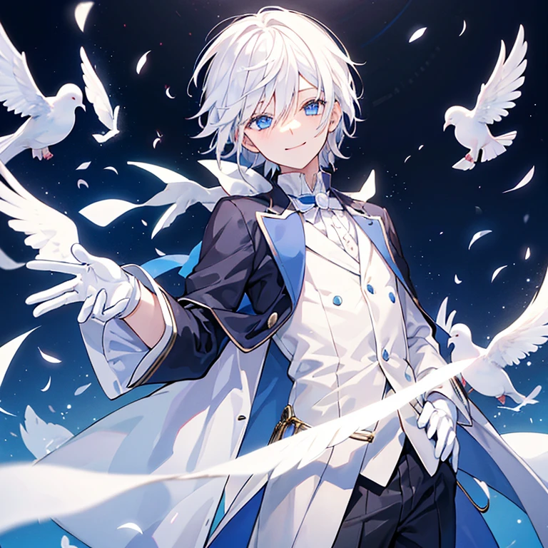 magician magicianの服装 One Boy White Hair magicianの服装は白と青 White dove on shoulder Look here and smile The gloves are white Blue eyes