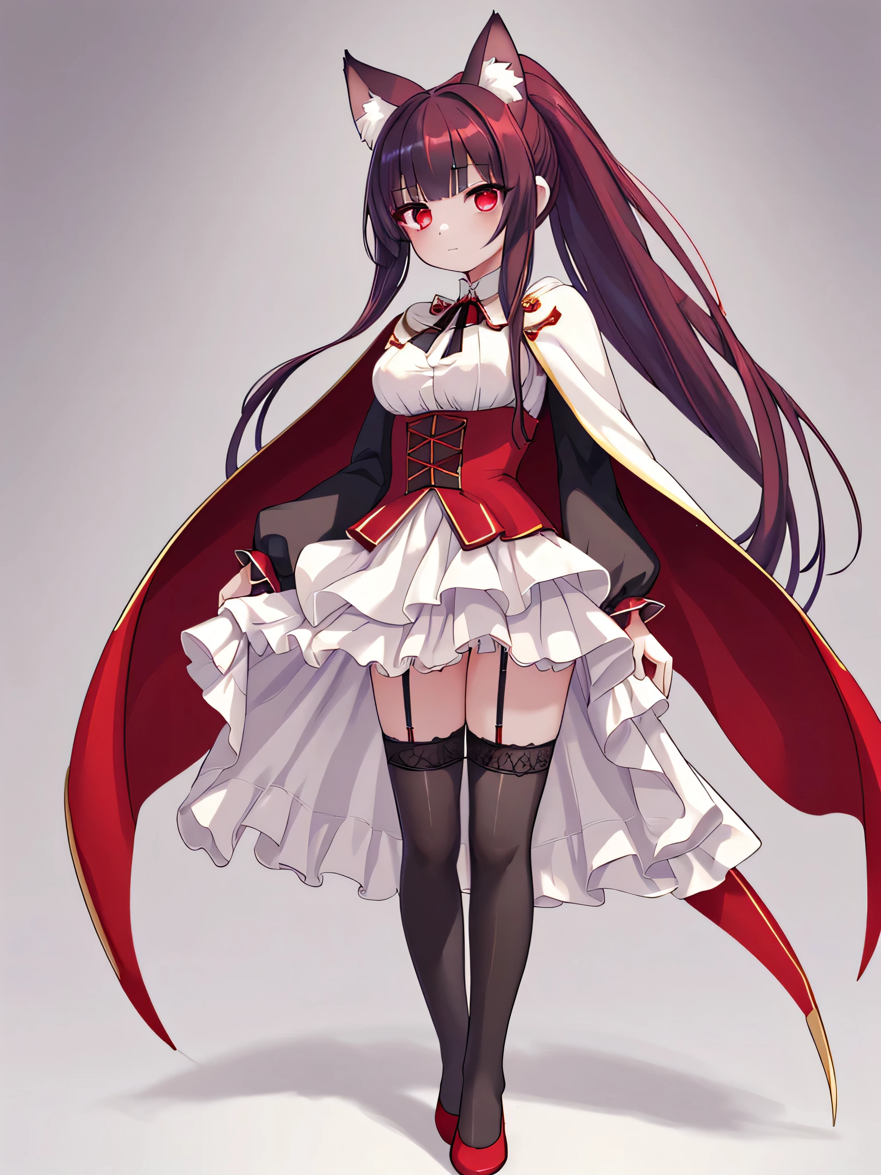 masterpiece, top quality, super detailed, CG illustration, high resolution, better lighting, best shadows, very delicate and beautiful, proper shading, hd, 8k,1girl, solo, long hair, breasts, looking at viewer, bangs, DeepPurple hair, simple background, thighhighs, long sleeves, white background,Bloodred dress,black animal ears, Bloodred eyes, medium breasts, closed mouth, standing, full body, ponytail, cape, Blood dress, white thighhighs, animal ear fluff, garter straps, gold trim