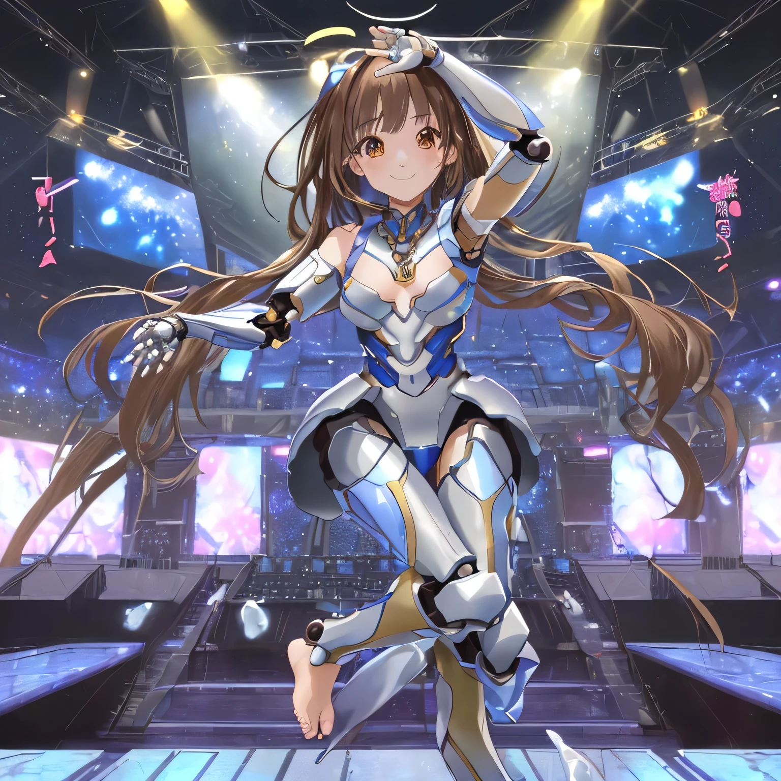 最high quality、Best image quality、masterpiece、Cheerleader((18-year-old、Arm and leg armor、Robot Joints,(barefoot),Bust 85、Brown Hair、Close to the audience、Gazing at the audience、Chest energy、Make your breasts bigger,Reaching out、Brown eyes、A shy smile、Add color to your cheeks))high quality、The depth of the written boundary、depth、(Exposure)、