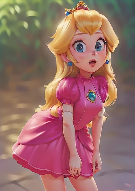 3D render, pixar style, Princess_Peach, sideboob, flat torso, cameltoe, skin indentation, skindentation, wet skin, 1girl, blonde hair, seductive expression, sexy eyes, shiny skin, simple background