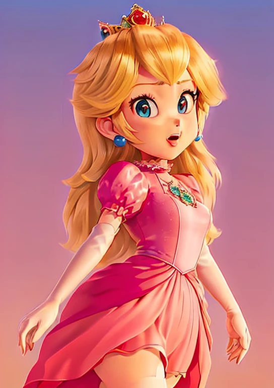 3D render, pixar style, Princess_Peach, sideboob, flat torso, cameltoe, skin indentation, skindentation, wet skin, 1girl, blonde hair, seductive expression, sexy eyes, shiny skin, simple background