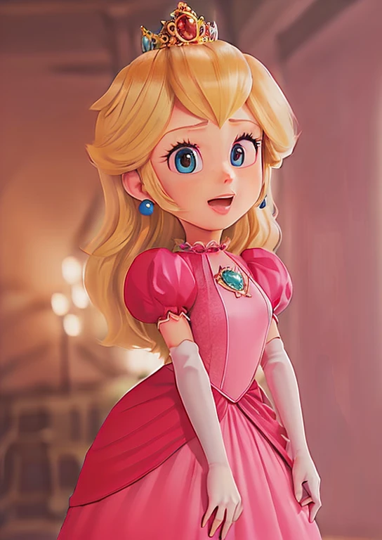 3D render, pixar style, Princess_Peach, sideboob, flat torso, cameltoe, skin indentation, skindentation, wet skin, 1girl, blonde hair, seductive expression, sexy eyes, shiny skin, simple background