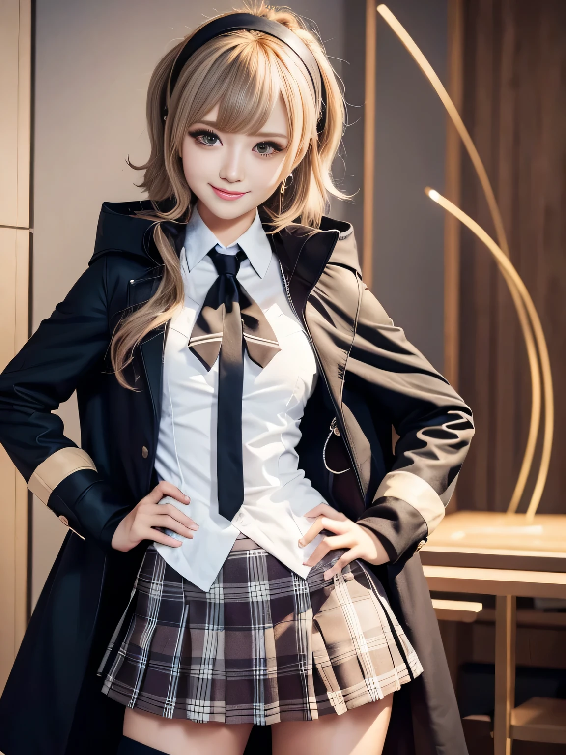 (masterpiece), (Highly detailed CG Unity 8k wallpaper), smile、Smiling with teeth showing、(Very sophisticated and beautiful), (One girl:1.3), solo, (Perfect front view:1.3), ((Super detailed)), illustrinio, Hair between the eyes, afloin, Finely delineated, (Upper body), (Looking_in_Audience:1.2), (Danganronpa(style)), (Danganronpa (style):1.4),((Brown Check Cape)), ((Detective trench coin)), Brown striped short skirt, (Closed jacket), Detective Hin(black_Knee socks)), (with short black hair:1.5), (Brown-eyed:1.2), (hair band),(Hair Straightening:1.4),(A light smile:1.5),(Court),Standing on one's own feet,(Simple Background:1.4),Standing CG,Game CG,Perfect hands,Put your arms behind your back,Handheld magnifying glass,Danganronpa