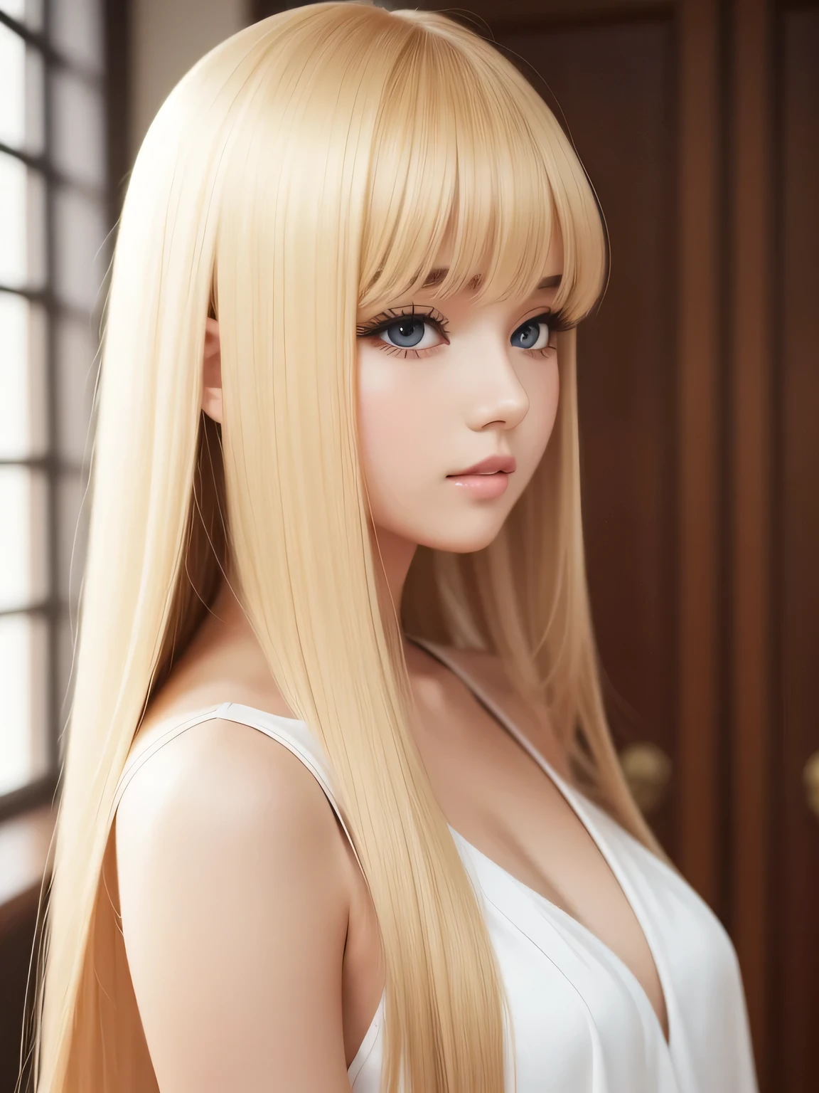 Full body image, beautiful silky skin,long bangs,beautiful face,blonde straight super long,cute beautiful girl, hotpants, cinematic