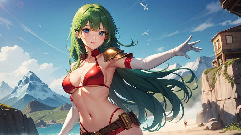 masterpiece, best quality,detailed, highres,shiny skin,1girl, solo,BREAK,
timegal, blue eyes, long hair, breasts, green hair,  bangs, medium breasts, shiny hair,lips,shiny skin,BREAK,
belt,  gloves, boots, navel,  white gloves,  thighs, red midriff,  red sleeveless,knee boots,  white footwear, elbow gloves, crop top, cleavage,(gray shoulder armor), red bikini,  
BREAK,
((( outdoors, ))),(( cowboy shot , dynamic pose, looking at viewer, )), light smile, dinosaurs, mountains,
