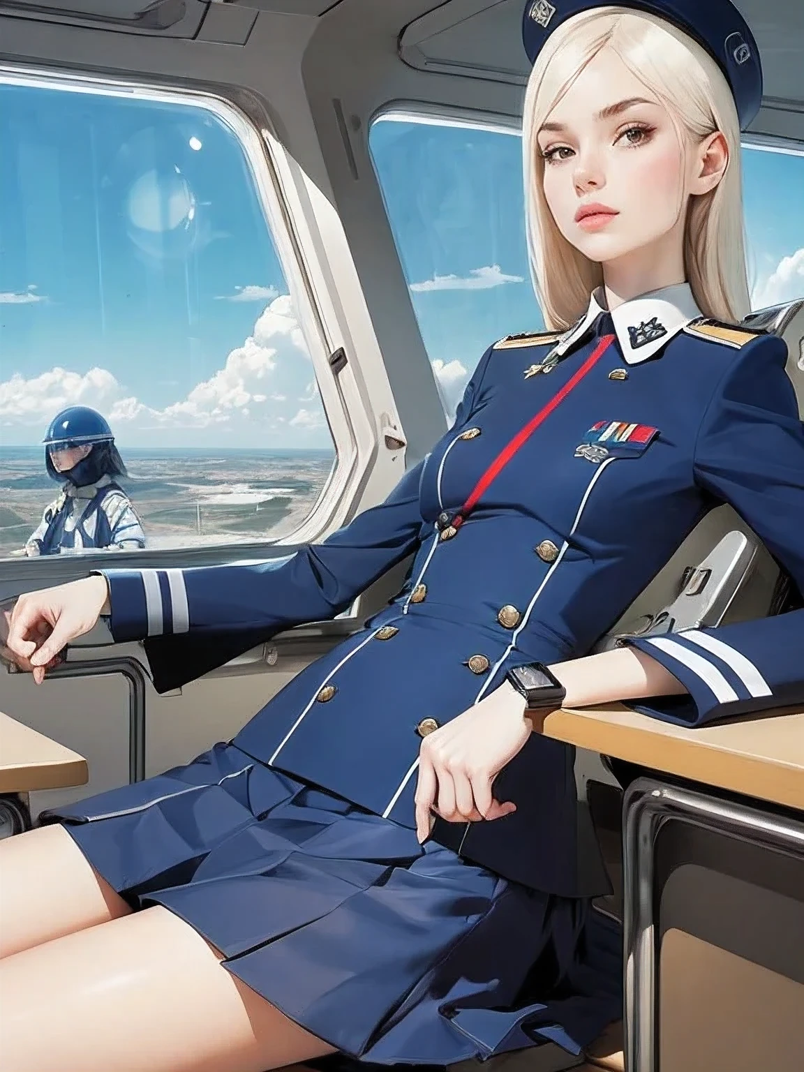 superflat, flat shading, flat colors, (masterpiece:1.2, best quality), (closeup), 2women, , slim, (white military outfit), pleated skirt, military hat, space cadet, sitting by desk, in classroom, put head on hand, bored, classmates in background, (spaceship interiors), futuristic, cosmos, watercolor