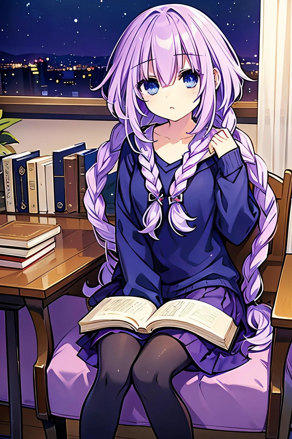 masterpiece, best quality, 1girl, short stature, finely detailed, light purple hair, big hair with a single braid, blue eyes, sleepy face, with books in her hands clothes: baggy sweater with a skirt and stockings
