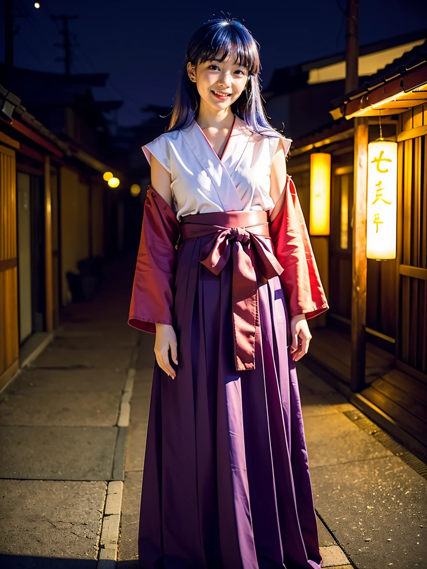 (1 lady), (Best quality at best:1.4), (ultra - detailed), (extremely detailed CG unified 16k), A Beautiful Girl: 1.4, Sharp Focus: 1.2, very detailed, High-definition RAW color photo, professional photoshooting, amazing face and eyes, (amazingly beautiful girl), ((furude rika, girl)), ((japanese clothes, hakama, hakama skirt, detached sleeves, miko, skirt, red hakama)), standing, (japanese traditional village background), (look from down), realistic cinematic face, head to feet long wide zoomed out view, full body long view, photorealistic, ((realistic natural violet blue hair style, bangs, long hair, purple eyes, blush)), extremely beautiful face, perfect beauty, Highly Detailed Face and Skin Texture, Detailed Eyes, Double Eyelids, Small Breasts, cleavages, western, (masterpiece), best quality, high resolution, extremely detailed, depth of field, cinematic lighting, high heels, clear and well-cared skin,