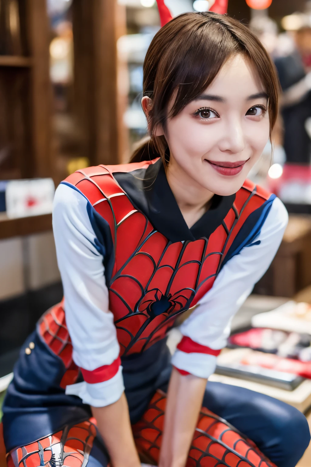 Masterpiece, high quality, high resolution, 8K, ((Skinny Japanese 30s woman in a costume of the movie spider-man)), cute face, natural makeup, detailed face, detailed eyes, a photo that feels endearing, (Full-body photo)