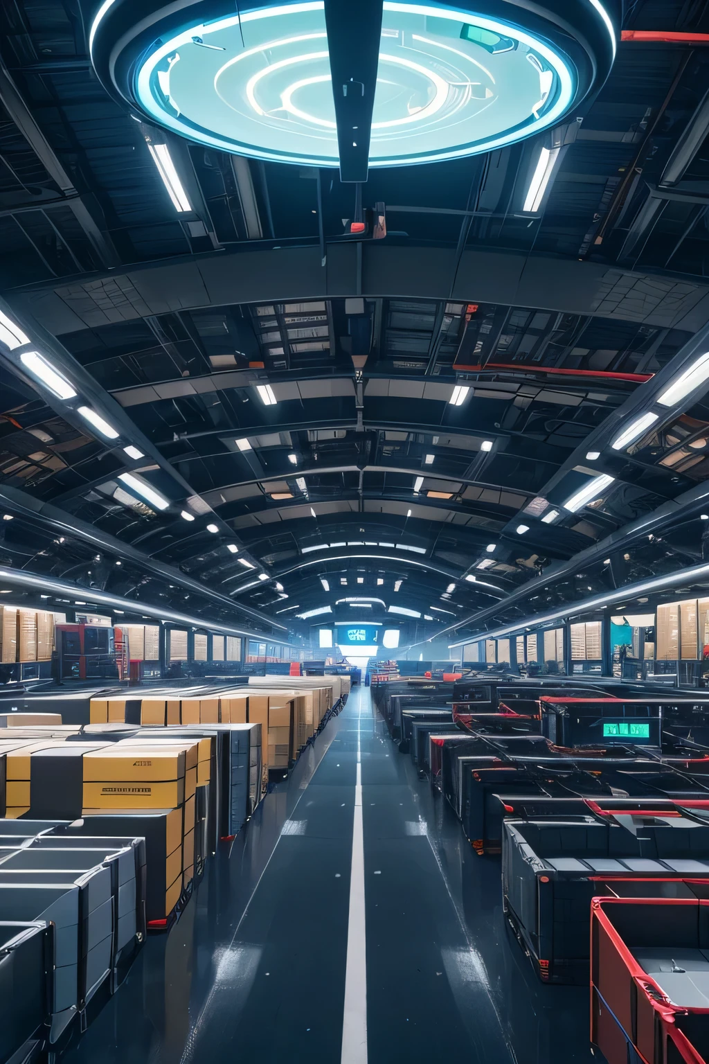 best quality,4k,8k,highres,masterpiece:1.2,ultra-detailed,realistic,physically-based rendering,professional,cyberpunk,high-tech logistics,warehouse scenes,advanced robotic arms,automated vehicles,neon lights,lofty racks,hi-tech gadgets,ultramodern design,advanced AI systems,efficiency and accuracy,technological advancements,sleek and futuristic,VR integration,high-speed conveyor belts,smart inventory tracking system,holographic displays,immersive virtual reality experiences,sophisticated supply chain management,intelligent drones,artificial intelligence,deep learning algorithms,digitalization of inventory management,seamless integration of technology and logistics