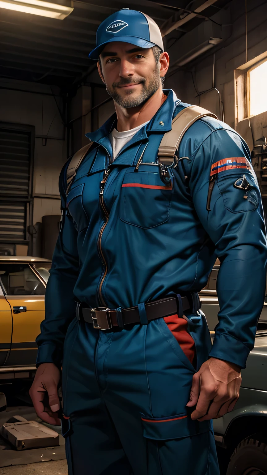An award-winning original photo，A wild muscular man, (40 years old daddy:1.1), 1boy, Solo, (blue longsleeves mechanic jumpsuit), (tool belt), (blue baseball cap), black hair, (big shoulders), musculature, stubbles, Short beard, Beautiful eyes:1.3, ), (Detailed face:1.3), wearing eyeglasses, smiles, Dynamic Angle, volumetric lighting, (Best quality, A high resolution, Photorealistic), Cinematic lighting, Masterpiece, RAW photo, Intricate details, hdr, depth of field, garage
