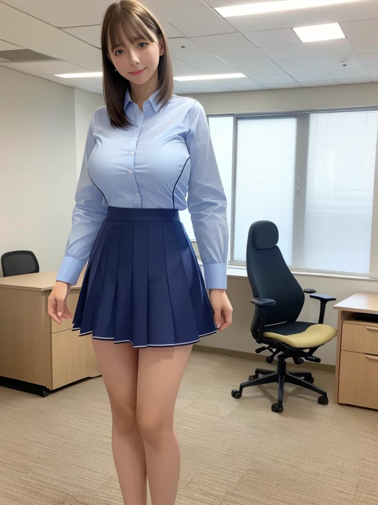 (highest quality:1.2),(8K:1.2),(masterpiece:1.2),(high resolution:1.2),(Photorealistic:1.2),The background is an office with no one in it.,(Huge breasts:1.5),Short Hair,Full Body Shot,(See-through business uniform:1.5),smile,(Slender:1.5),Beauty,(Narrow waist:1.5),(See-through mini skirt:1.5),(Thin and beautiful legs:1.4),Bold sexy pose