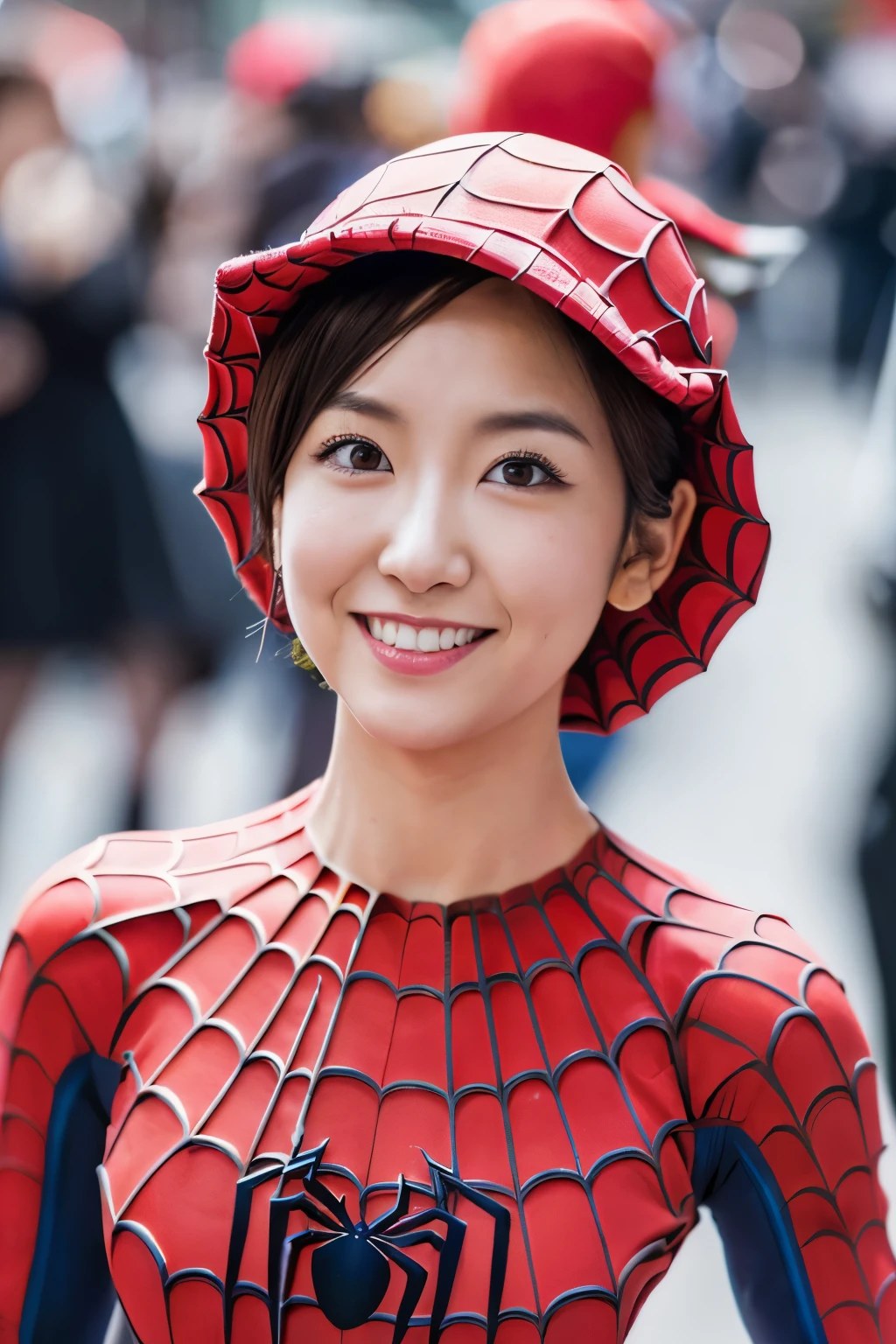 Masterpiece, high quality, high resolution, 8K, ((Skinny Japanese 30s woman in a costume of the movie spider-man)), cute face, natural makeup, detailed face, detailed eyes, a photo that feels endearing, (Full-body photo)
