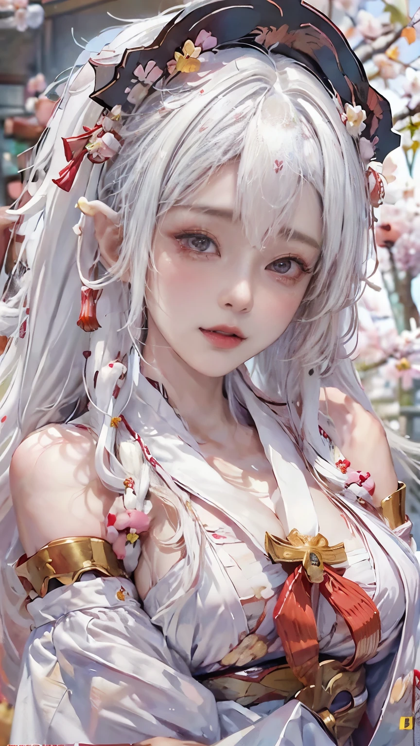 ((Styled white hair:1.5))(A shrine maiden dressed in beautiful shrine maiden clothes:1.3), Symmetric, (highest quality, Realistic:1.4, RAW Photos:1.2, Cinematic Light, Highly detailed illustration), (1woman:1.3, alone), (Asian 25 year old girl, Very delicate face, Super beautiful face, Very delicate eyes, Highly detailed nose, Very sophisticated mouth, Highly detailed facial features, 輝くskin、Exposing shoulders), woman, (large breasts), skin, Lip gloss, Laughter, Full Body View, High resolution, High resolution, 8k, Masterpiece 2:1,（ Shrines in Kyoto、cherry tree,Scattering cherry blossoms）cleavage cutout,ruanyi0007、CuteGirl
