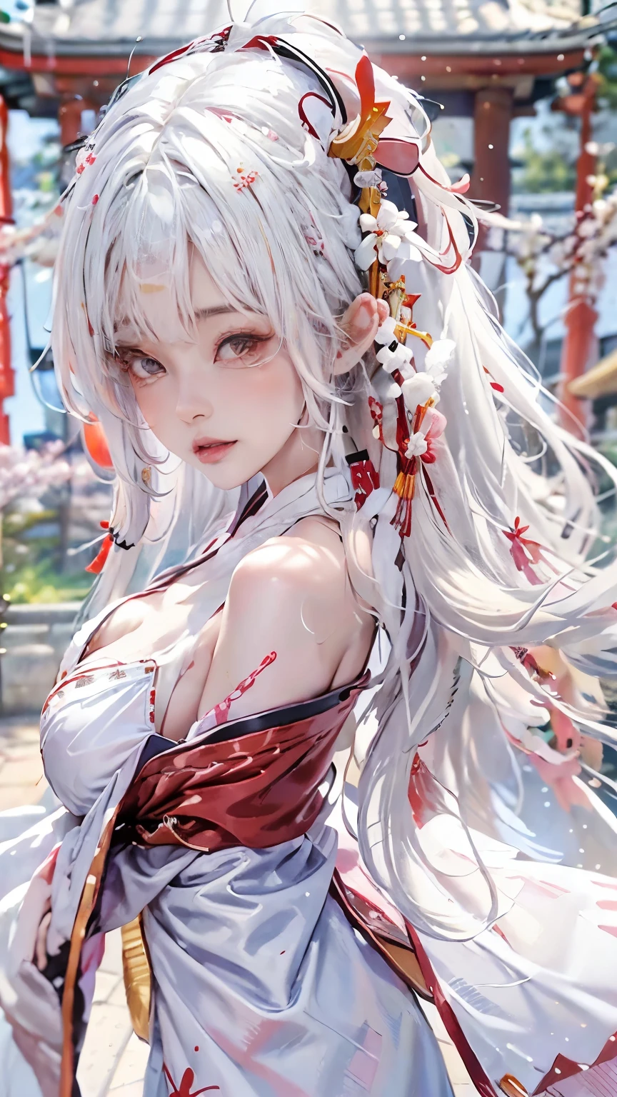 ((Styled white hair:1.5))(A shrine maiden dressed in beautiful shrine maiden clothes:1.3), Symmetric, (highest quality, Realistic:1.4, RAW Photos:1.2, Cinematic Light, Highly detailed illustration), (1woman:1.3, alone), (Asian 25 year old girl, Very delicate face, Super beautiful face, Very delicate eyes, Highly detailed nose, Very sophisticated mouth, Highly detailed facial features, 輝くskin、Exposing shoulders), woman, (large breasts), skin, Lip gloss, Laughter, Full Body View, High resolution, High resolution, 8k, Masterpiece 2:1,（ Shrines in Kyoto、cherry tree,Scattering cherry blossoms）cleavage cutout,ruanyi0007、CuteGirl
