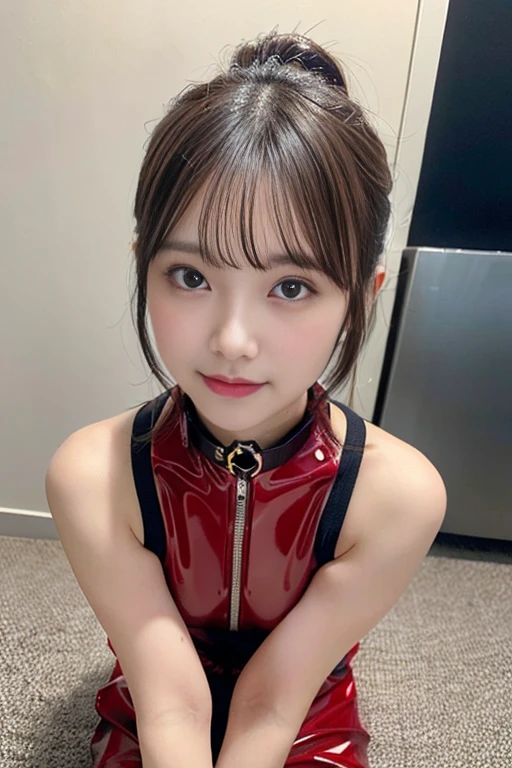 (1 girl: 1.3), (Flawlessレースのブラジャー、FlawlessTback、White or pink、Crouch down、Full body description、M-shaped splits、1.6)((Very detailedな目と顔)), (((, Round face))), Beautiful fine details, Very detailed, so beautiful, masterpiece, 最high quality, Ultra HD Photos, 最high quality, Ultra-high resolution, Great beauty, Nice face, smile, Bright Eyes, ( Metal collar: 1.2), Golden, Very detailedな肌, Sweaty skin, 15 years lack hair, ponytail, Japanese beautiful girl idol, Looking into the camera, 8K Ultra HD, Digital SLR, high quality, Fair skin, Glowing Skin, Photorealism, (Red glossy slip: 1.2)