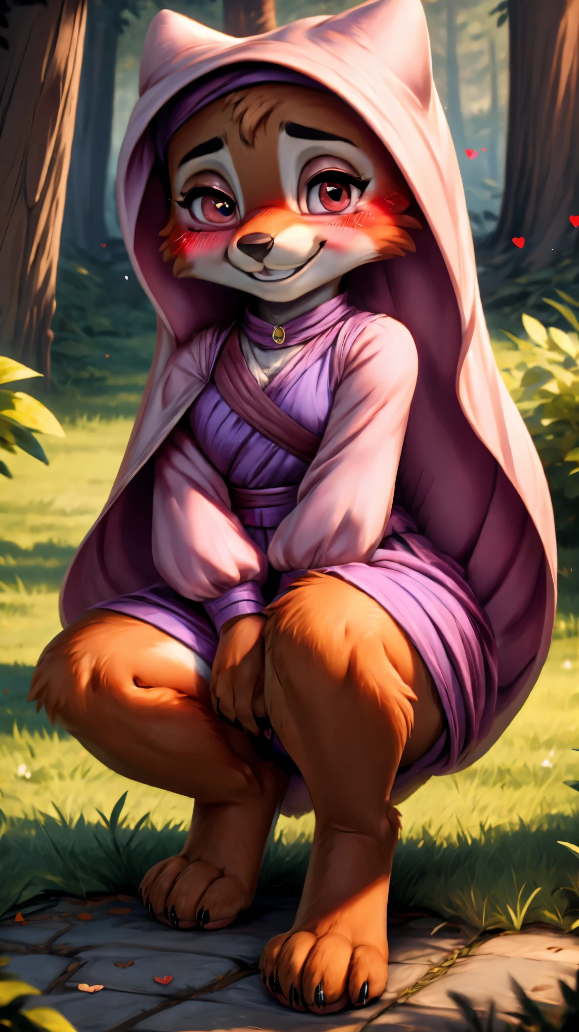 ((((chibi body)))),((((feet visible:1.5)))),(((smile:1.5))),(heart shaped pupils:1.5),(((Very detailed eyes:1.5))),Ultra HD,Ultra HD,(((blush:1.8))),maidmarian,((Beautiful Forest)),furry body,((((anime)))),(((cute)))