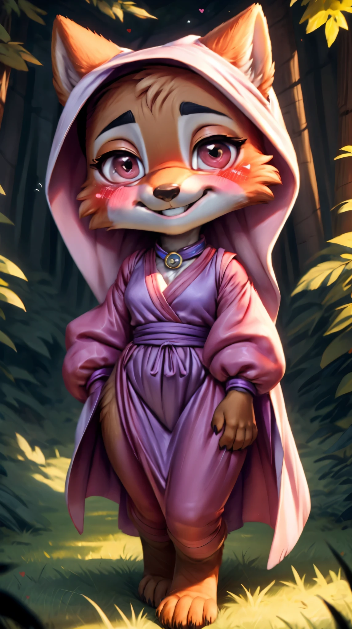 ((((chibi body)))),((((feet visible:1.5)))),(((smile:1.5))),(heart shaped pupils:1.5),(((Very detailed eyes:1.5))),Ultra HD,Ultra HD,(((blush:1.8))),maidmarian,((Beautiful Forest)),furry body,((((anime)))),(((cute)))