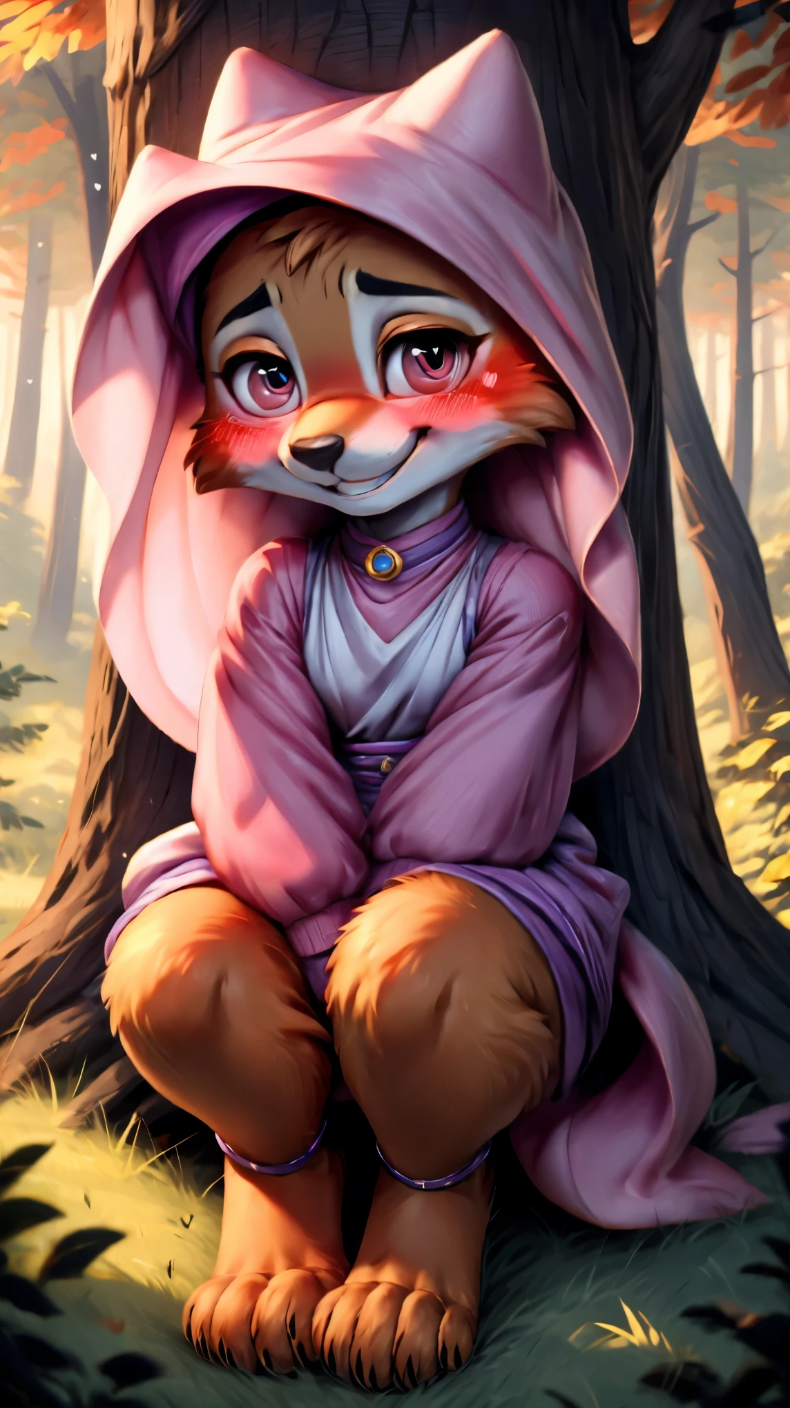 ((((chibi body)))),((((feet visible:1.5)))),(((smile:1.5))),(heart shaped pupils:1.5),(((Very detailed eyes:1.5))),Ultra HD,Ultra HD,(((blush:1.8))),maidmarian,((Beautiful Forest)),furry body,((((anime)))),(((cute)))