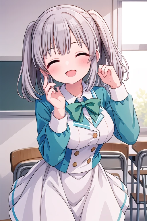 insanely detailed, absurdres, ultra-highres, ultra-detailed, best quality,
1 girl, solo, nice hands, perfect hands,
BREAK,
(wearing school uniform),
happy smile, laugh, open mouth, closed eyes,
dynamic pose, cowboy shot, looking at viewer,
BREAK,
slender, kawaii, perfect symmetrical face, ultra cute girl, ultra cute face, ultra detailed eyes, ultra detailed hair, ultra cute, ultra beautiful,
by Canon EOS, SIGMA Art Lens 35mm F1.4, ISO 200 Shutter Speed 2000,
in classroom,
medium breasts,
BREAK,
(silver medium hair, dark green eyes)