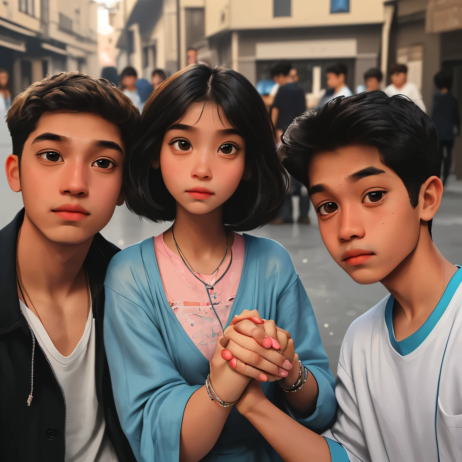 A girl with a boy holding her hand and the boy is looking into her eyes and the girl is posing for photo in one frame