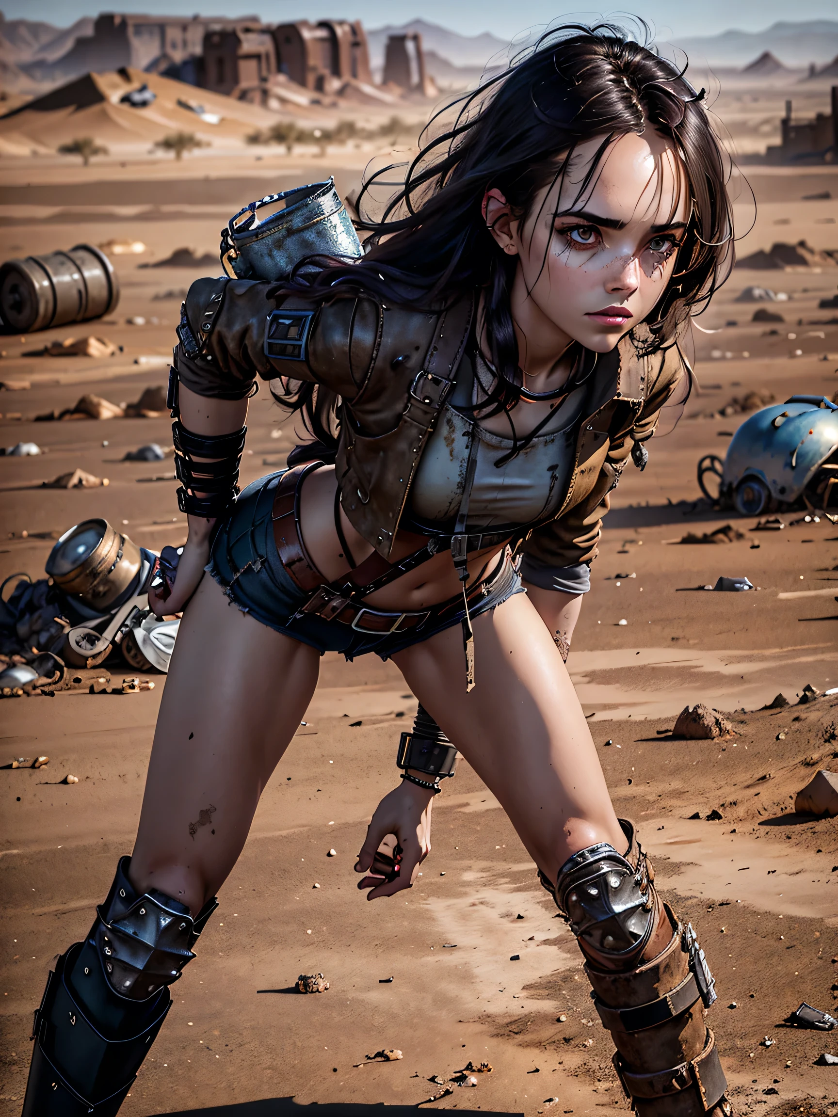 1girl, (solo:1.2), [slim], (small chest), pale skin, ((detailed eyes)), (bokeh effect), (dynamic angle), dynamic pose, (deserted wasteland:1.3), (long hair:1.4), (dark hair:1.4), leather jacket, ripped jeans, high boots, (backpack), (dark and cloudy sky), dirty hair, (wasteland desert:1.4), dirty hair, ((masterpiece)) close up shot, (Bend down to collect the metal junk on the floor:1.4)