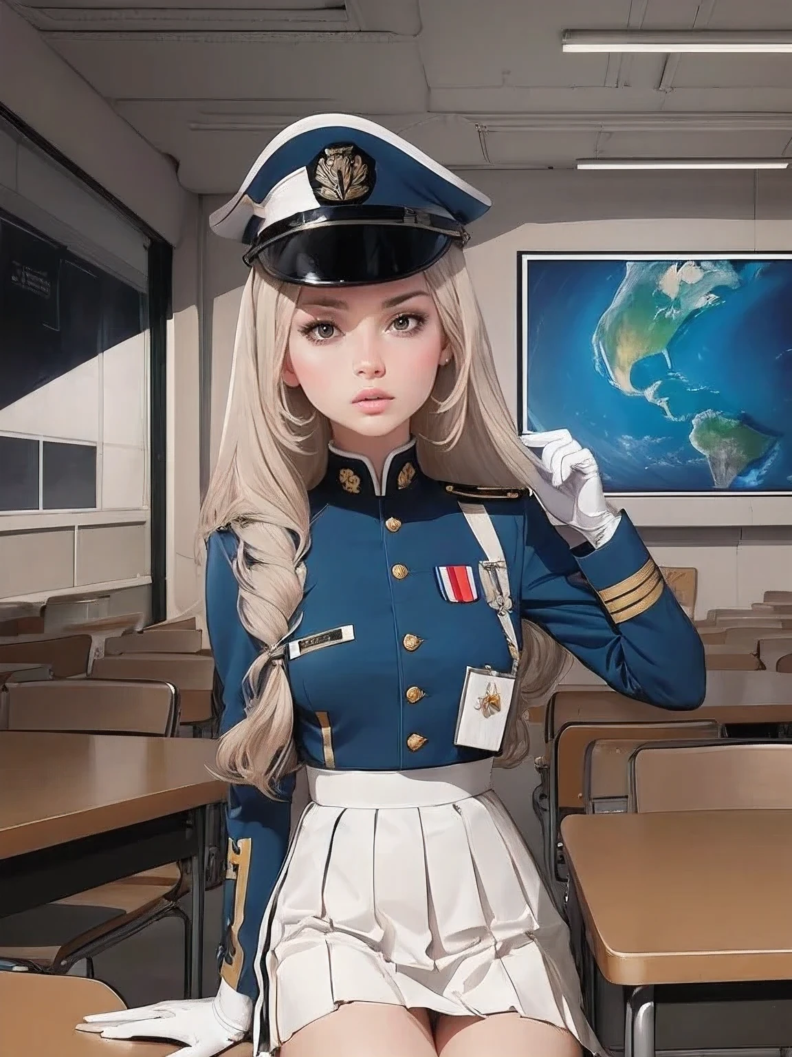 superflat, flat shading, flat colors, (masterpiece:1.2, best quality), (closeup), 2women, , slim, (white military outfit), pleated skirt, military hat, space cadet, sitting by desk, in classroom, put head on hand, bored, classmates in background, (spaceship interiors), futuristic, cosmos, watercolor