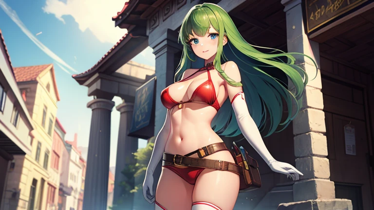 masterpiece, best quality,detailed, highres,shiny skin,1girl, solo,BREAK,
timegal, blue eyes, long hair, breasts, green hair, bangs, medium breasts, shiny hair,lips,shiny skin,BREAK,
belt, gloves, boots, navel, white gloves, thighs, red midriff, red sleeveless,knee boots, white footwear, elbow gloves, crop top, cleavage,(gray shoulder armor), red bikini,
BREAK,
((( outdoors, ))),(( cowboy shot , dynamic pose, looking at viewer, )), light smile, ancient greece,