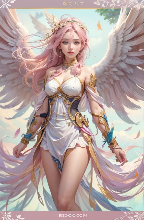 (((An angel descended from the sky)))、8K、An ultra-high picture quality、Ultra-realistic details、18year old、(Beautuful Women:1.4)、1 persons、Pink hair、Blue eyes、Slender body、(large full breasts:1.8)、Loose see-through dress with a wide open chest、((off shoulders))、Golden decoration、Background with、The sunlight filtering through the leaves of the deep forest shines through、Blur the background、3d rendered、