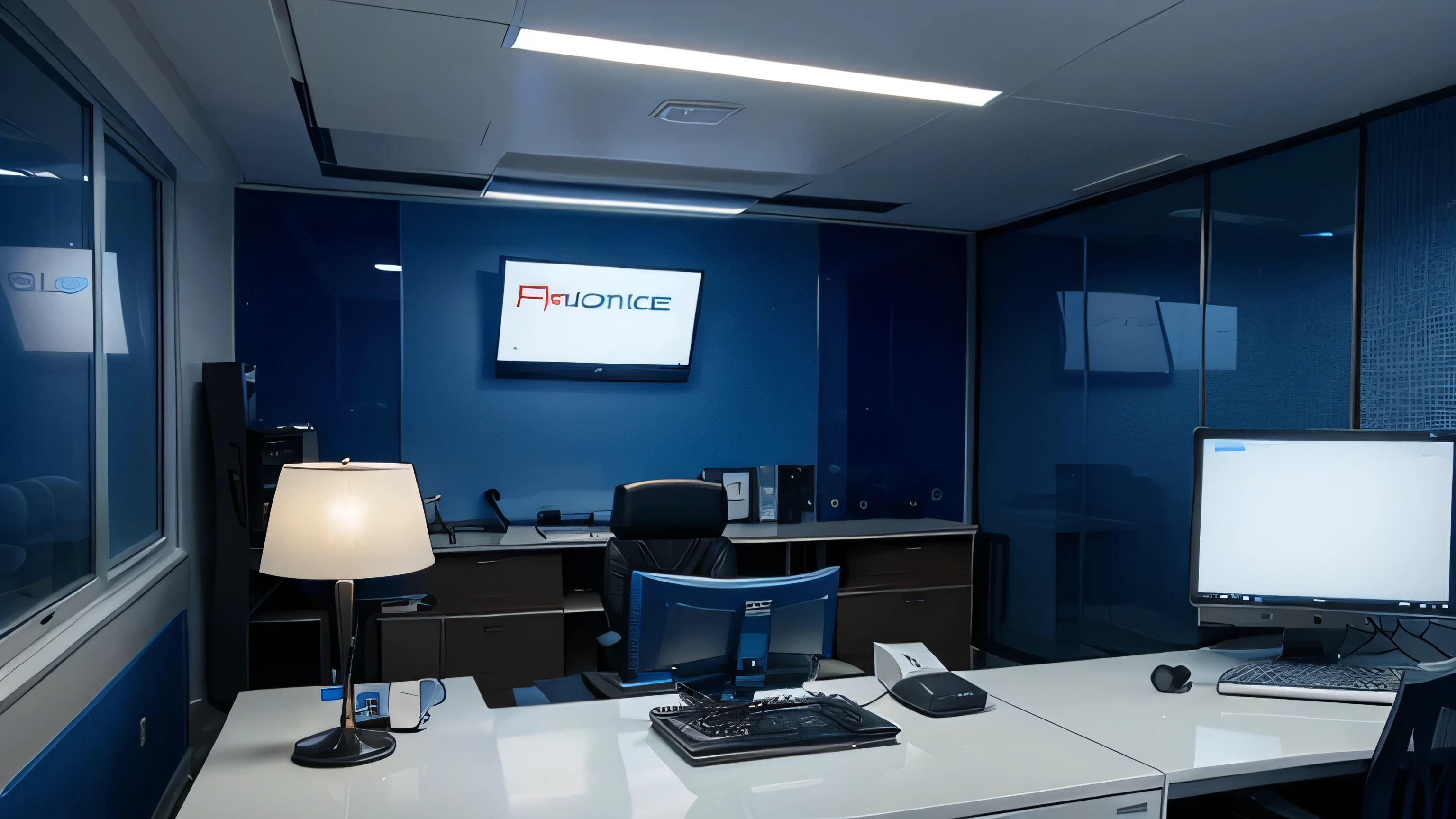 An office with blue lights, profissional, elegante, varios computadores