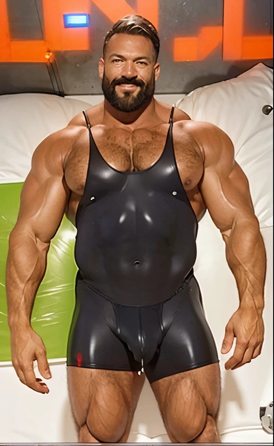 full body portrait, strong burly hairy mature older man(space captain), wearing futuristic captain's uniform insignia (neon and black) (open and revealing) (latex) , gray hair, broad shoulders, round belly, thick feet, bulging micro thong, barefoot, scifi spaceship captain uniform, neon lights, best quality elegant masterpiece, military buzzcut, dark mustache, gray stubble, latex, wearing a latex thong, big bulging crotch, futuristic gear equipment, wearing see through plastic chest armor (neon yellow and electric blue), wearing neon yellow see through chest armor, wearing electric blue latex chaps(see-through) , wearing cool neon sneakers,in spaceship cockpit, lying in spaceship sleeping quarters(bed) (view from above), smiling with teeth showing, nicebulge, waiting in bed, glowing armor, legs up(!) and spread(!) , big muscle ass, wet and dripping ass, hairy pecs, thick long legs, silver hair